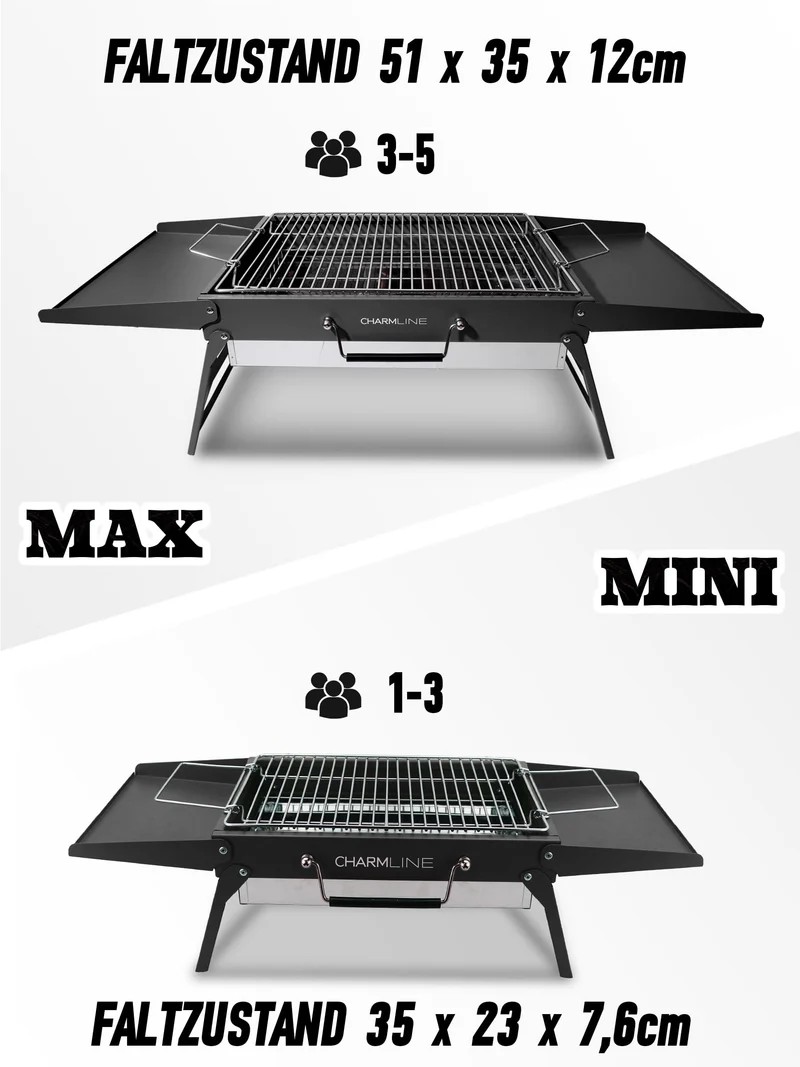 Charmline Holzkohlegrill, klappbarer BBQ-Grill, 51x35 cm, schwarz