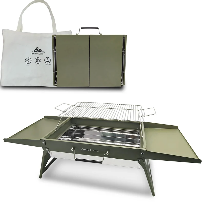 Charmline Holzkohlegrill, klappbarer Campinggrill 51 x 35 cm, Grün