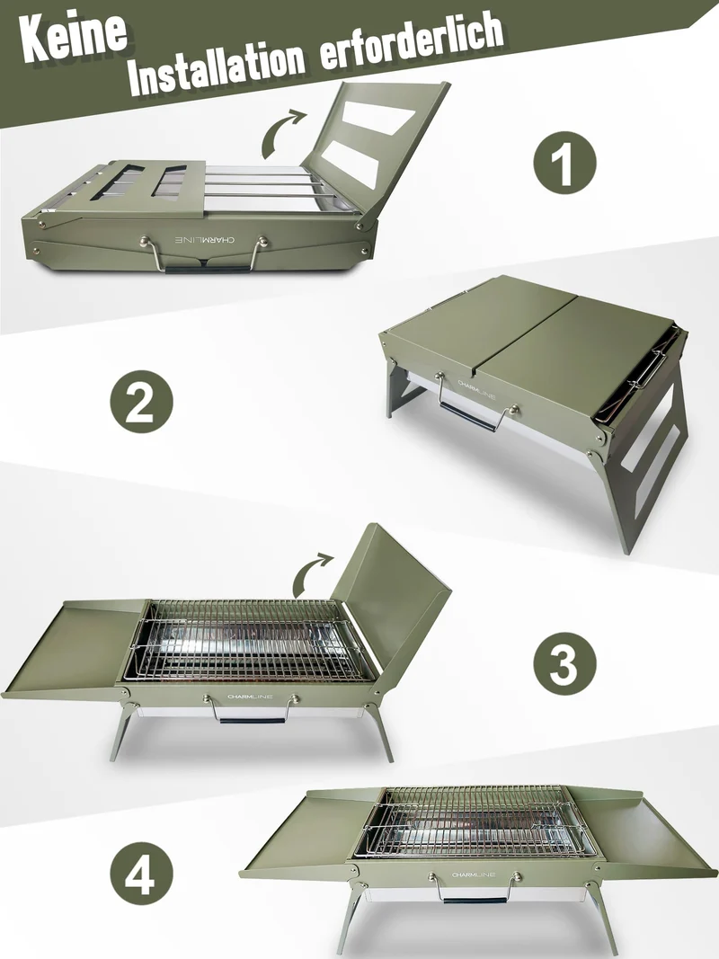 Charmline Holzkohlegrill, klappbarer Campinggrill 51 x 35 cm, Grün