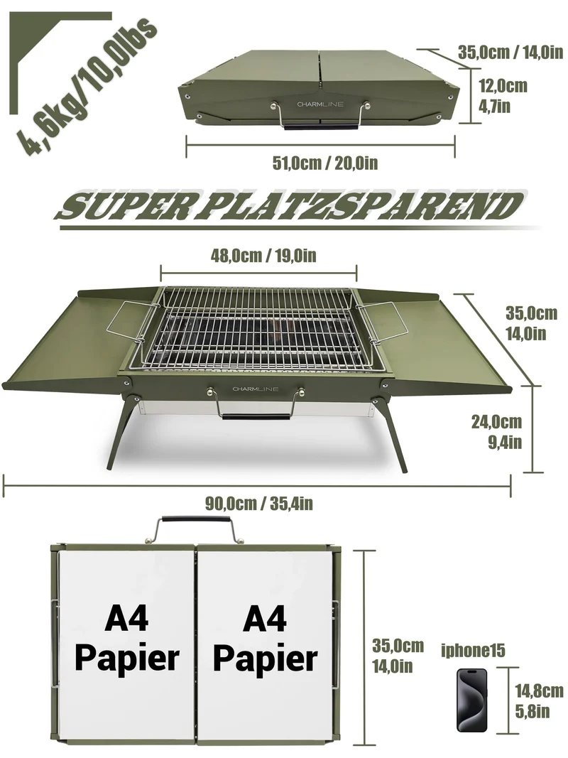 Charmline Holzkohlegrill, klappbarer Campinggrill 51 x 35 cm, Grün