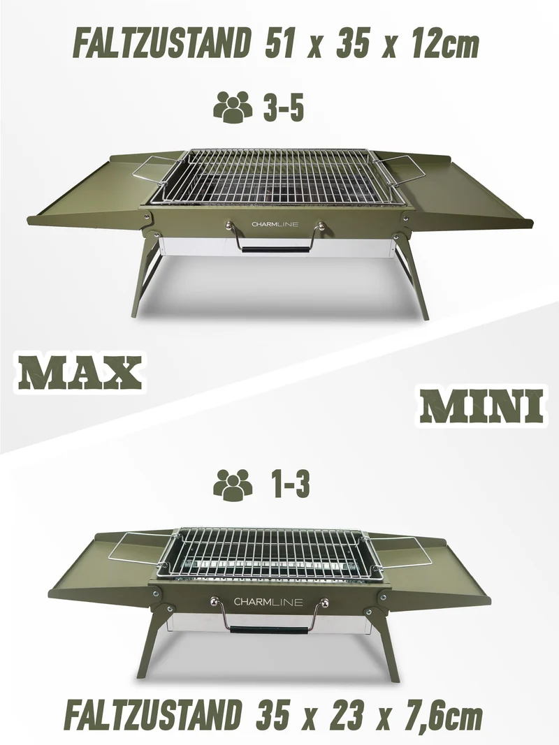 Charmline Holzkohlegrill, klappbarer Campinggrill 51 x 35 cm, Grün