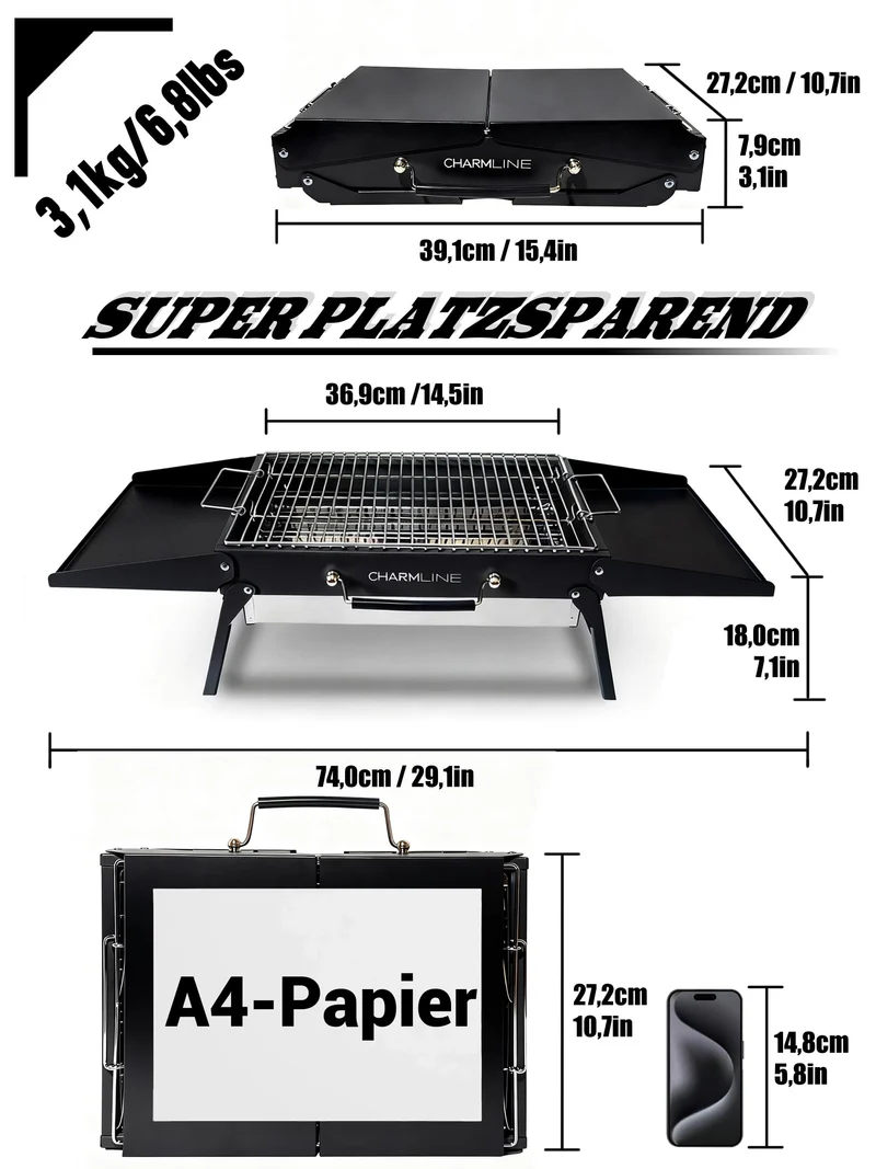 Charmline Holzkohlegrill CL-PGL, faltbarer Campinggrill, schwarz