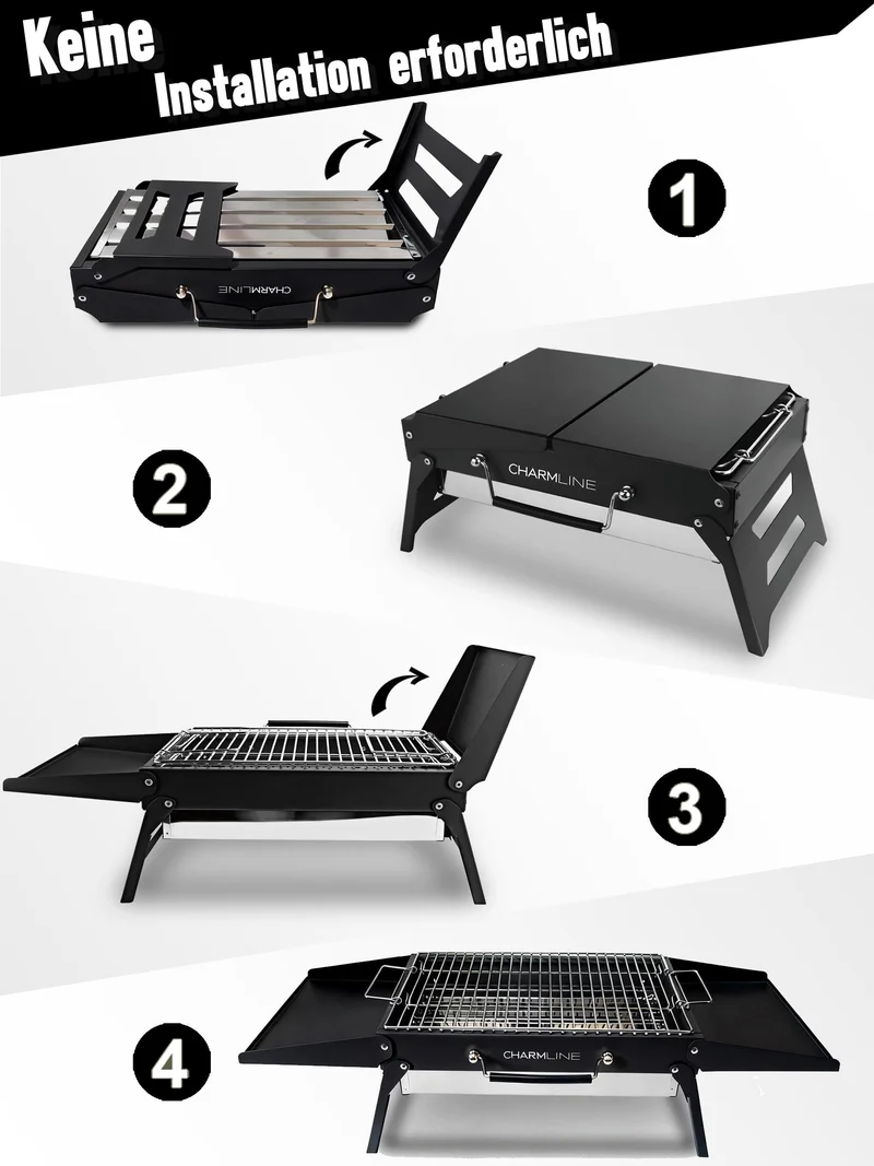 Charmline Holzkohlegrill CL-PGL, faltbarer Campinggrill, schwarz