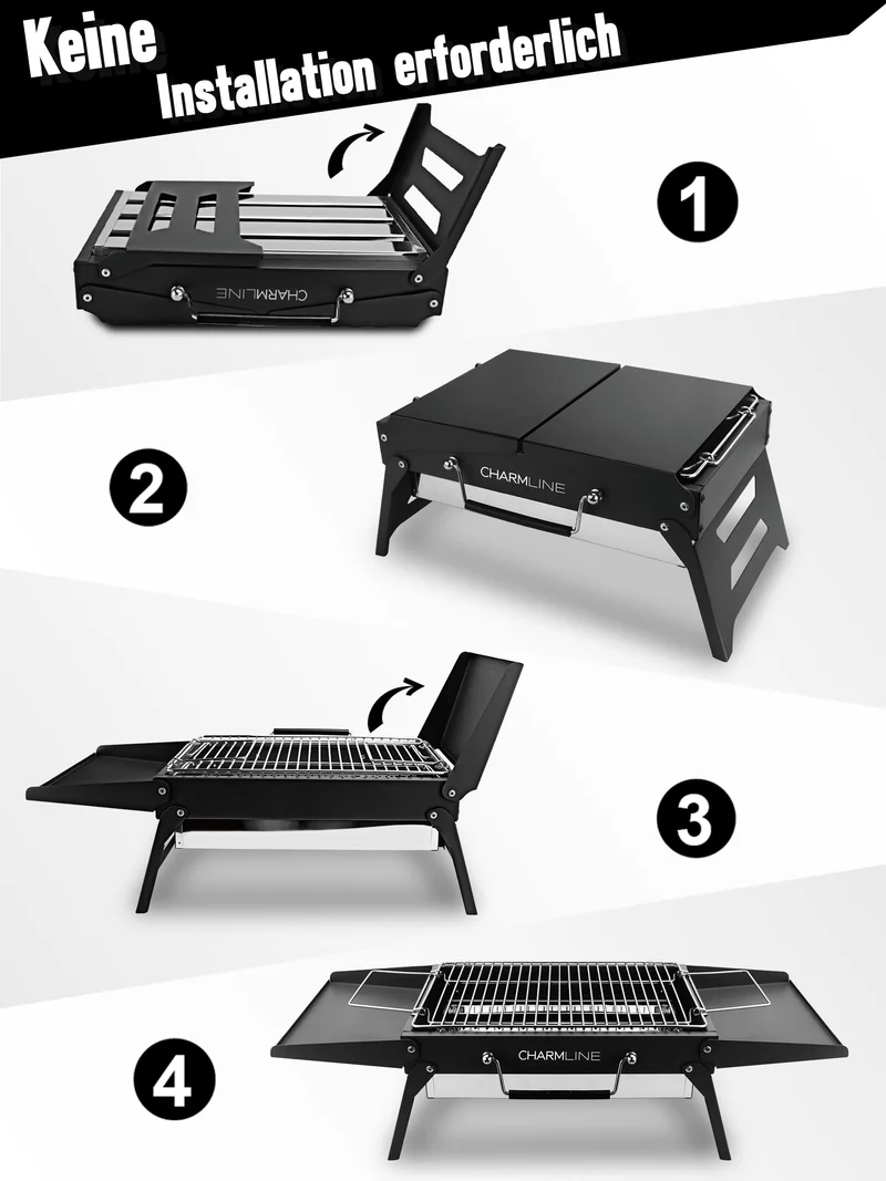 Charmline Holzkohlegrill faltbar, tragbarer Campinggrill schwarz