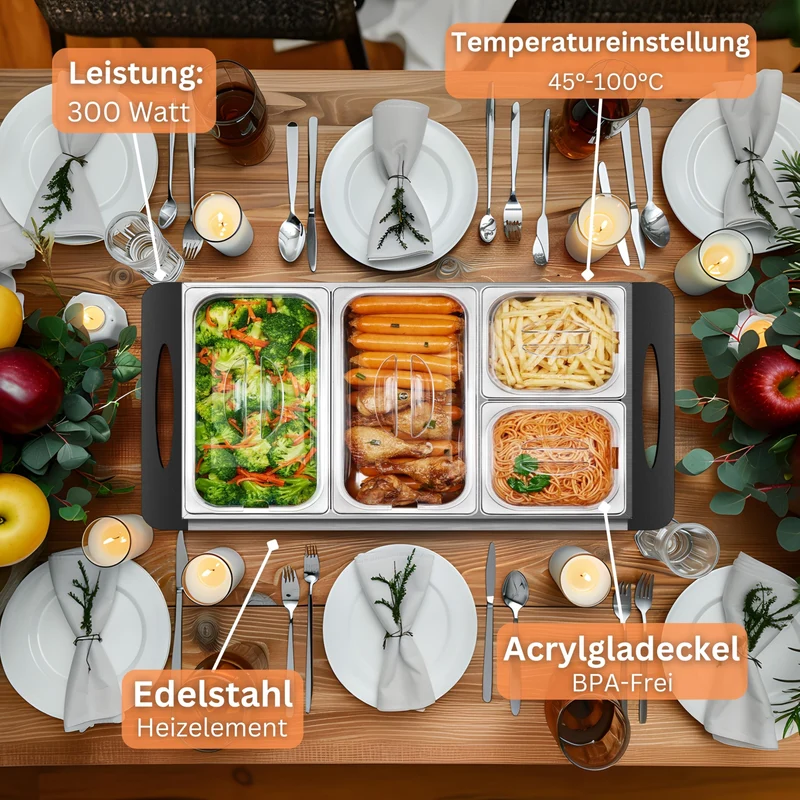 Steinborg Buffetwärmer Speisewärmer mit 4 Edelstahlbehältern 300 Watt