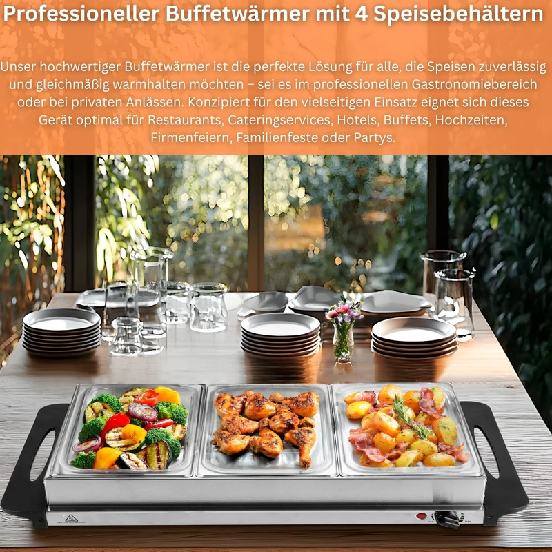 Steinborg Buffetwärmer Speisewärmer mit 4 Edelstahlbehältern 300 Watt