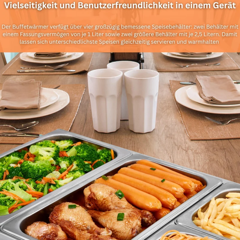Steinborg Buffetwärmer Speisewärmer mit 4 Edelstahlbehältern 300 Watt