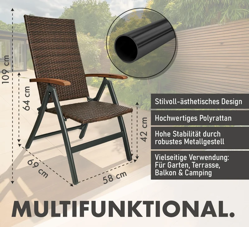 BRUBAKER Polyrattan Gartenstuhl Modena 2er-Set, klappbar, Braun Grau