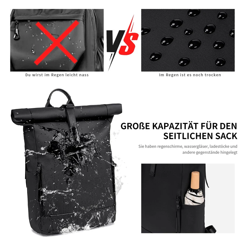 BJIAX Rolltop Rucksack wasserdicht, 17,3 Zoll Laptopfach, schwarz