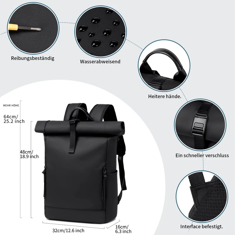 BJIAX Rolltop Rucksack wasserdicht, 17,3 Zoll Laptopfach, schwarz