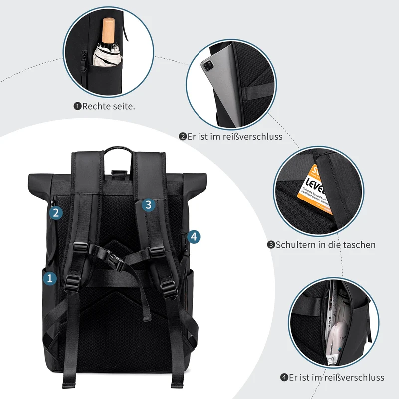 BJIAX Rolltop Rucksack wasserdicht, 17,3 Zoll Laptopfach, schwarz