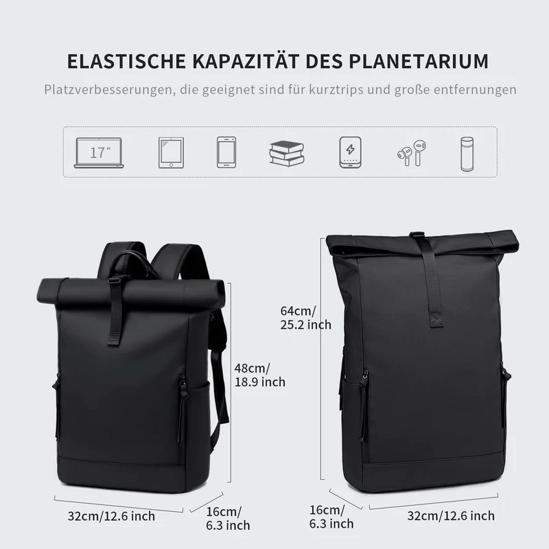 BJIAX Rolltop Rucksack wasserdicht, 17,3 Zoll Laptopfach, schwarz