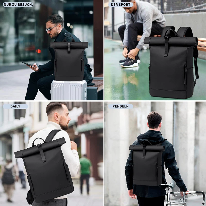 BJIAX Rolltop Rucksack wasserdicht, 17,3 Zoll Laptopfach, schwarz
