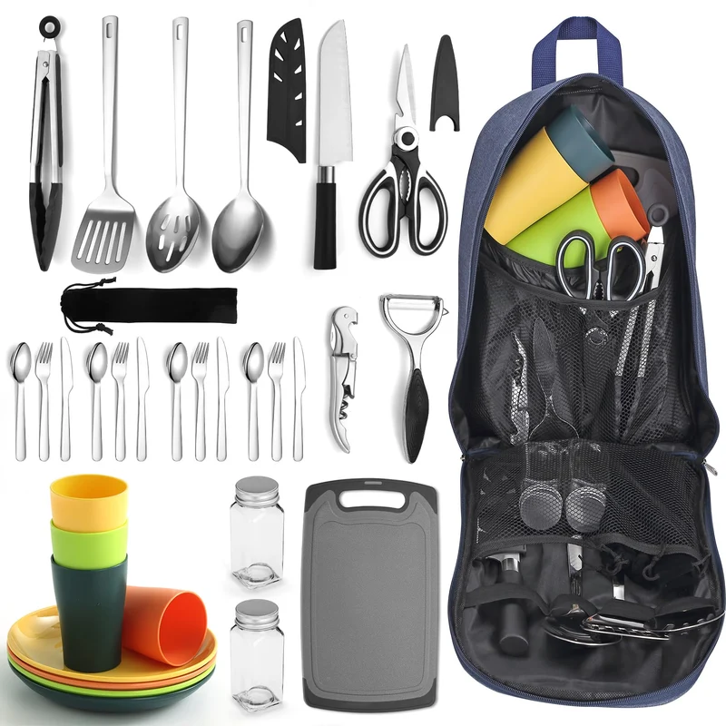 Berglander Camping-Kochutensilien-Set mit Besteck, Tellern und Tassen