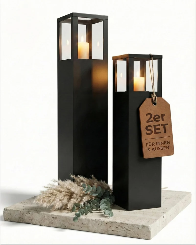 Bentson Windlichtsäule 2er Set, eckige Gartenlaterne, 95 + 75 cm