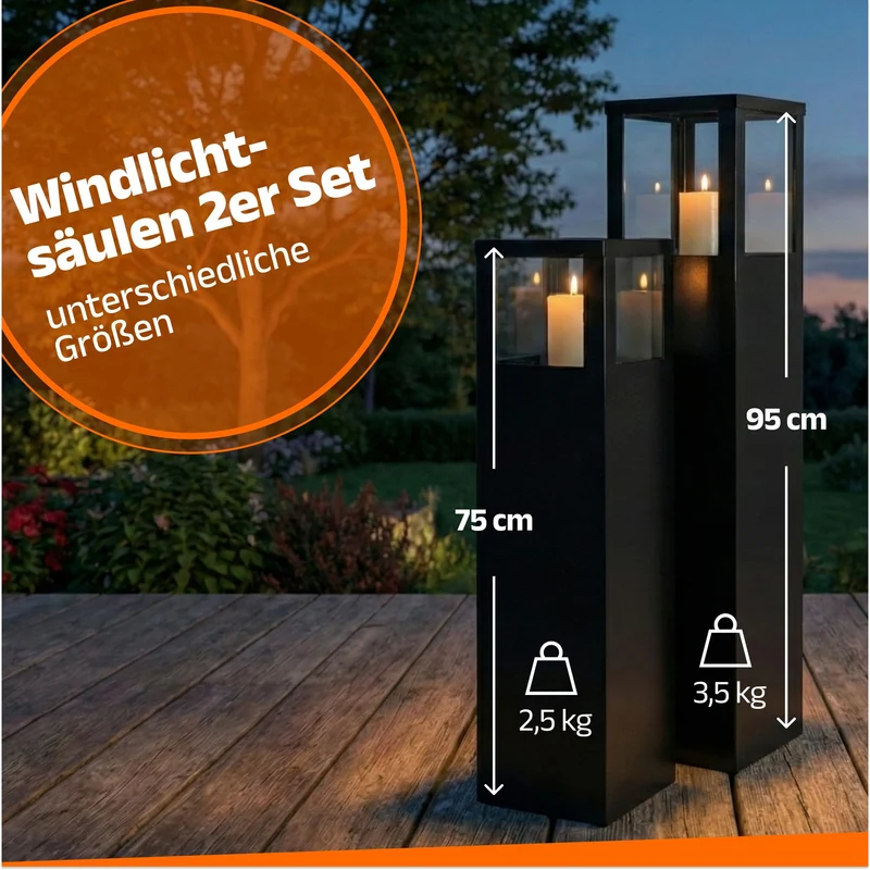 Bentson Windlichtsäule 2er Set, eckige Gartenlaterne, 95 + 75 cm