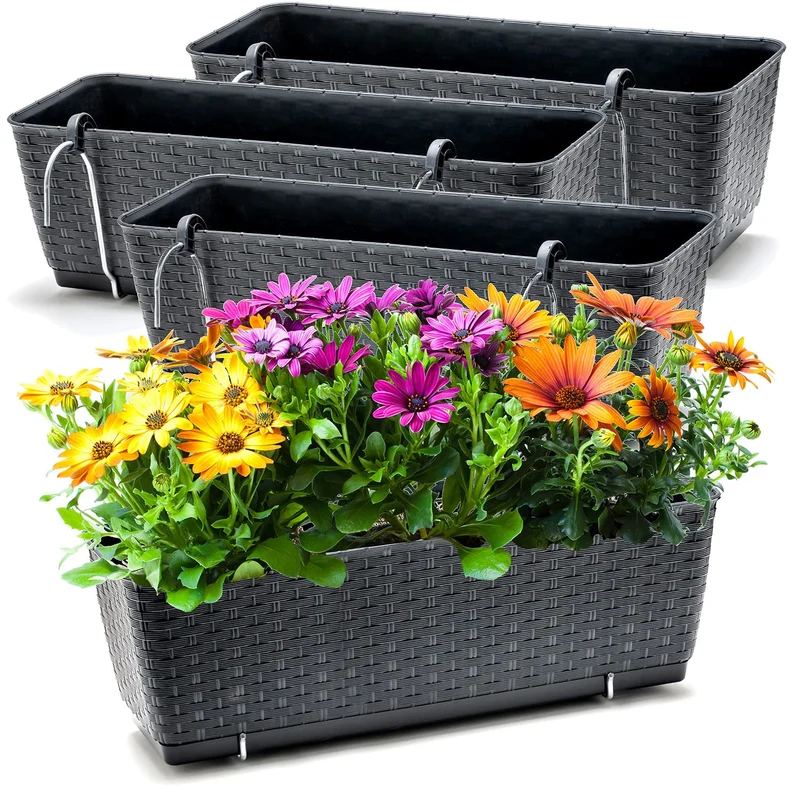 BigDean Blumenkästen Balkongeländer 4er Set Rattan-Optik Anthrazit