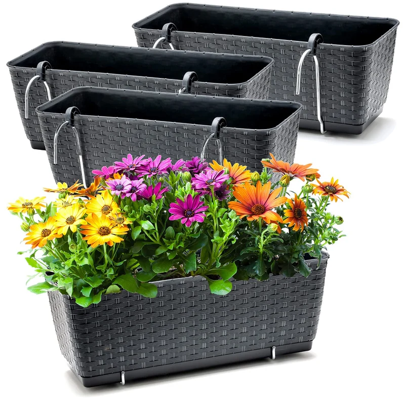BigDean Blumenkästen 4er Set Balkon-Geländer, Rattan-Optik, Anthrazit
