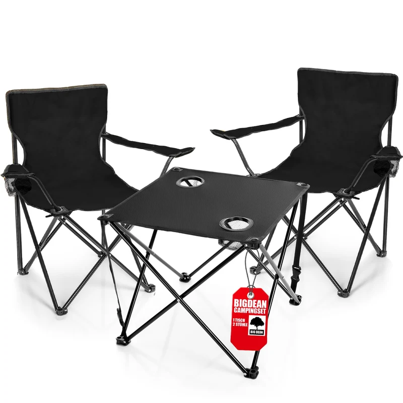 BigDean Campingset 2 Faltstühle mit Campingtisch faltbar schwarz