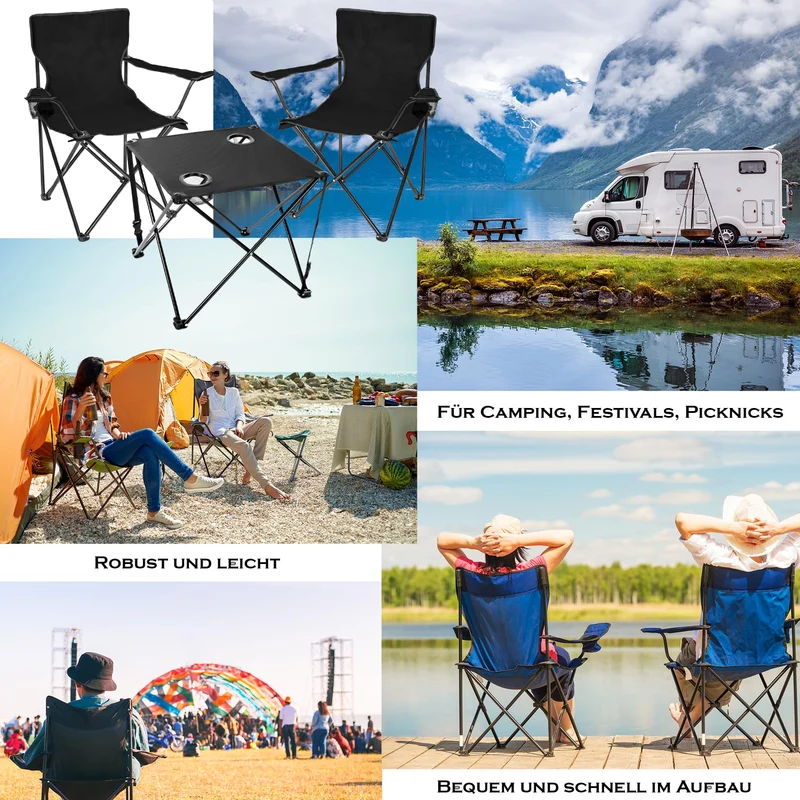 BigDean Campingset 2 Faltstühle mit Campingtisch faltbar schwarz
