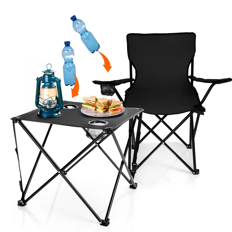 BigDean Campingset 2 Faltstühle mit Campingtisch faltbar schwarz