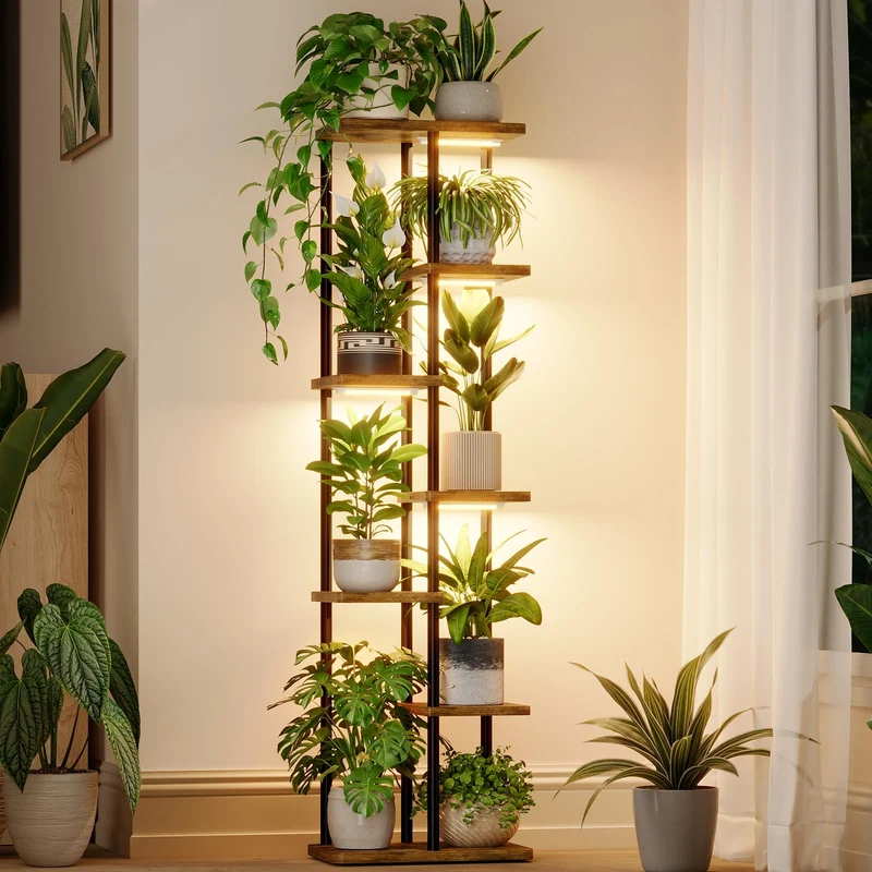 Bamworld Blumenständer mit Pflanzenlampen, 7-stufig, Holz & Metall