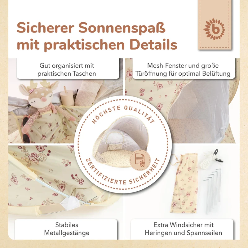 Bieco Ella Pop-up Strandmuschel Vintage Flowers mit UV-Schutz 40+