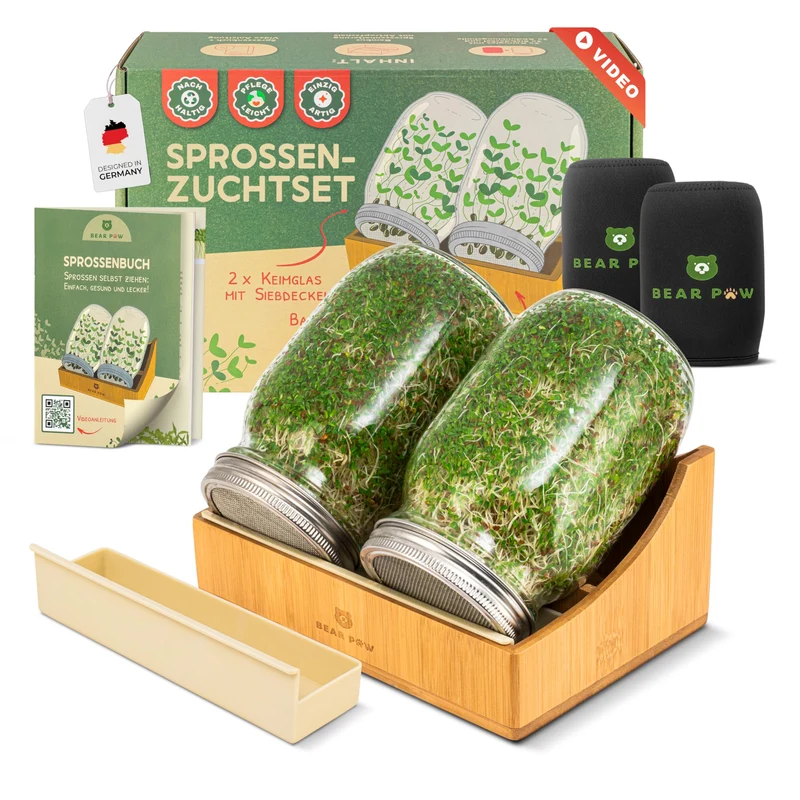 BEAR PAW Sprossenglas 2er Set 1000 ml Keimglas mit Bambushalterung