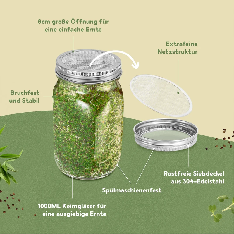 BEAR PAW Sprossenglas 2er Set 1000 ml Keimglas mit Bambushalterung