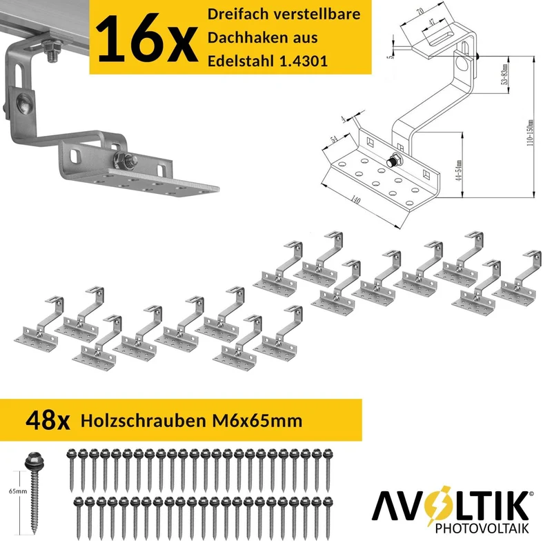 Avoltik Solar Halterung Ziegeldach Set für 4 PV Module 30-45 mm