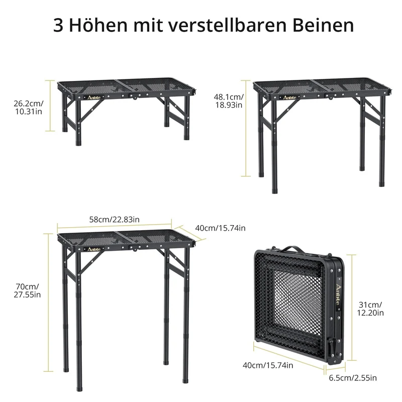 Anbte Campingtisch klappbar, 58x40 cm, höhenverstellbar, schwarz