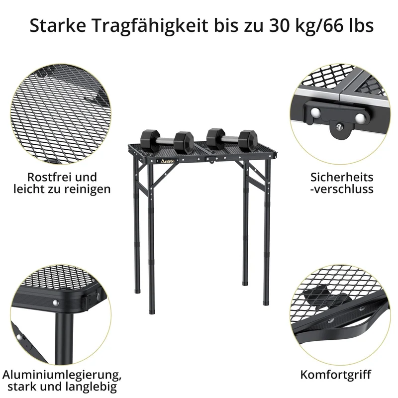 Anbte Campingtisch klappbar, 58x40 cm, höhenverstellbar, schwarz