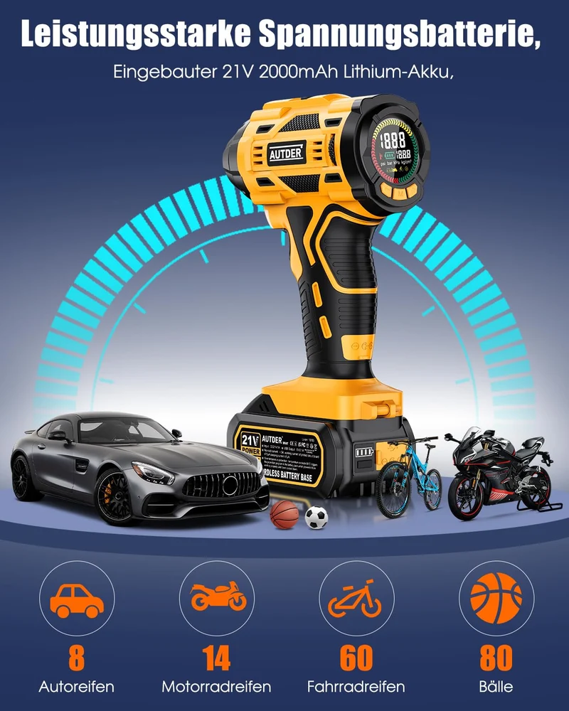 AUTDER AD380 Akku-Luftkompressor 180 PSI für Auto, Motorrad & Velo
