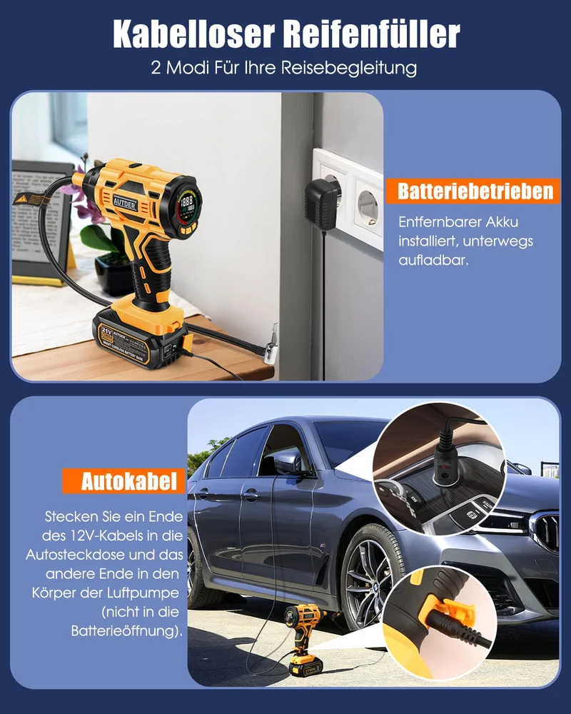 AUTDER AD380 Akku-Luftkompressor 180 PSI für Auto, Motorrad & Velo