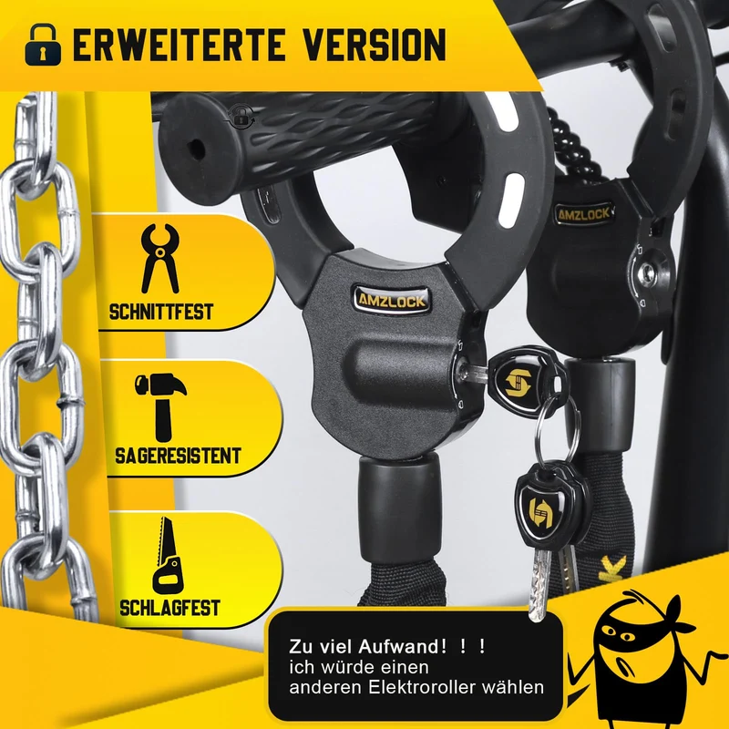 AMZLOCK E-Scooter Schloss 8 mm Kettenschloss mit Handschellenschloss