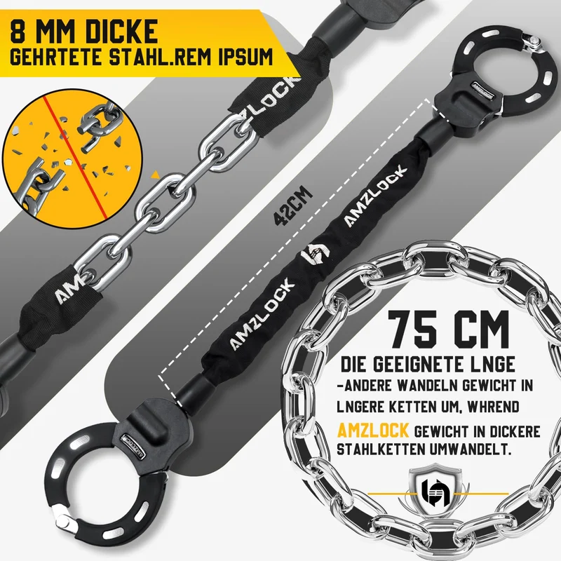 AMZLOCK E-Scooter Schloss AMZ001, 8 mm Kettenschloss, 75 cm