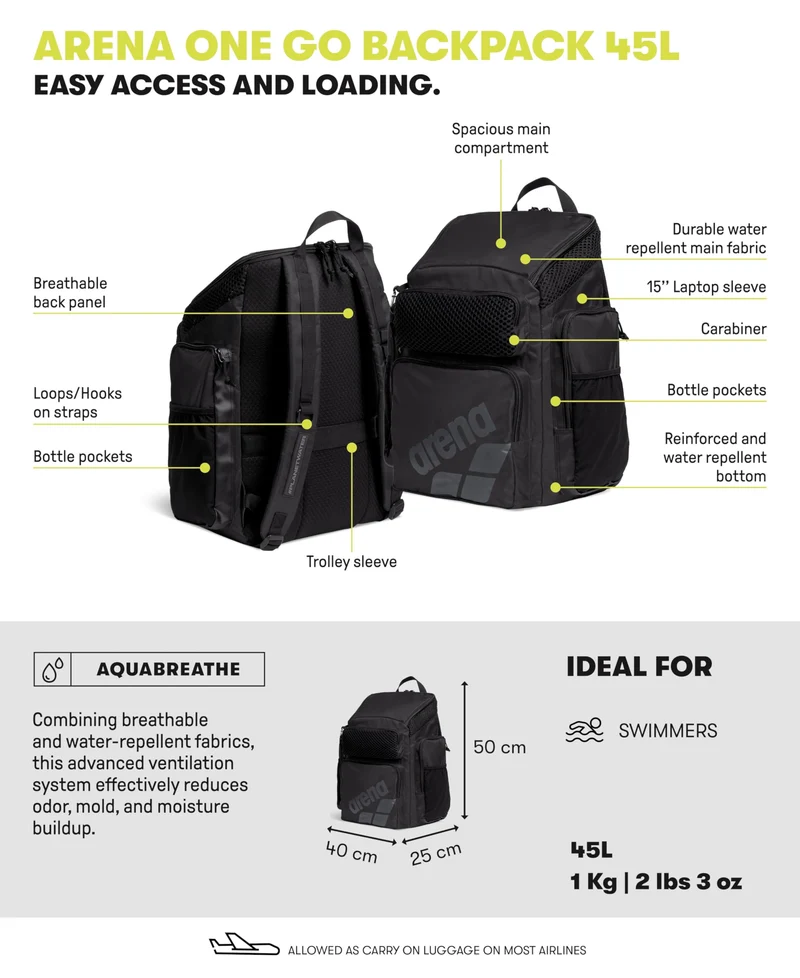 ARENA One Go Schwimmrucksack 45 L mit Laptopfach, wasserabweisend