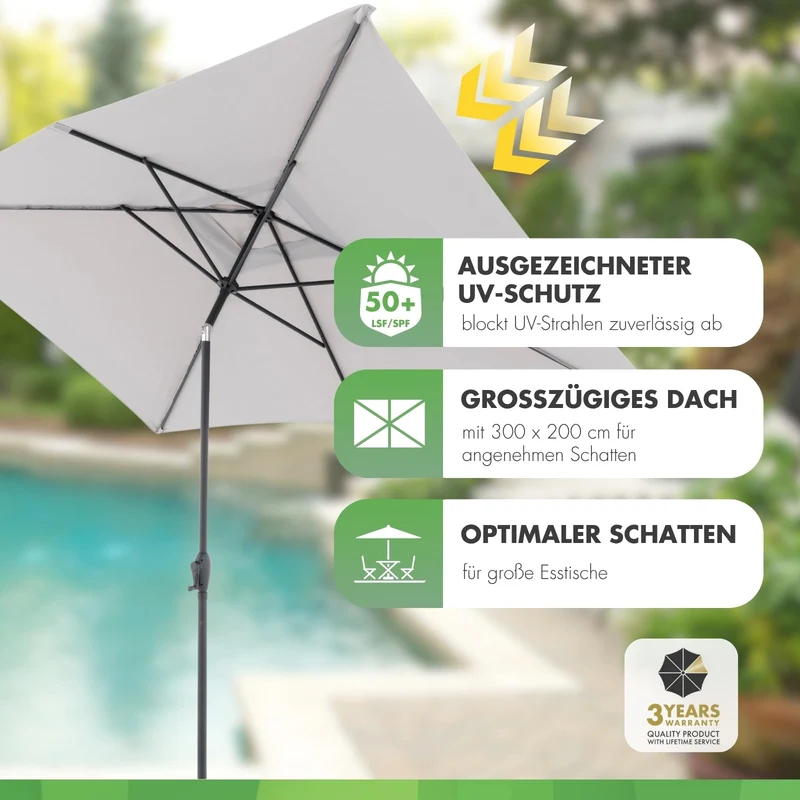 Doppler Jack Sonnenschirm 300 x 200 cm hellgrau, knickbar mit Kurbel
