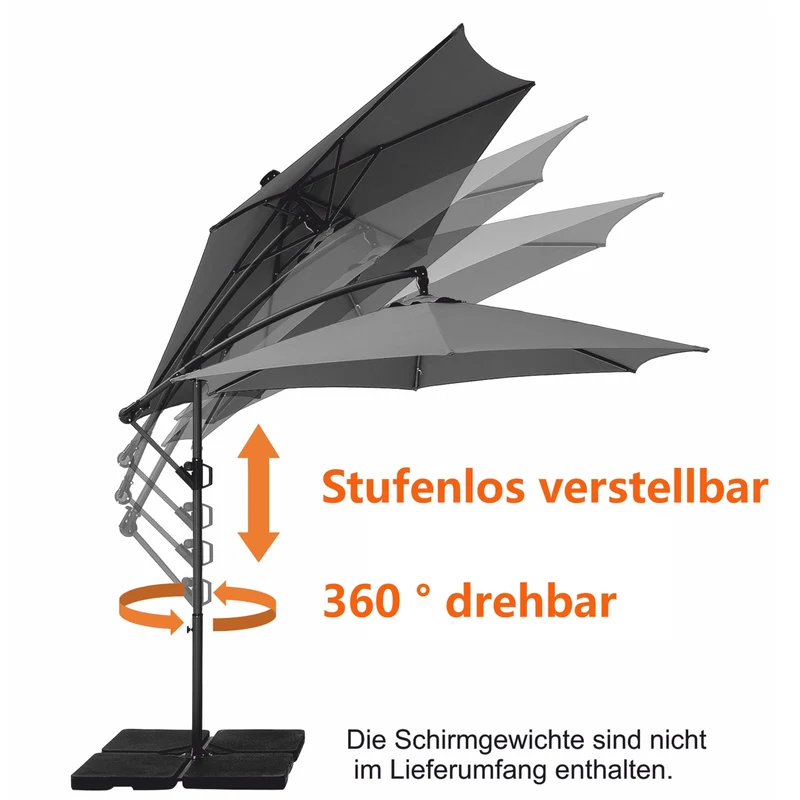 Deuline Mallorca-Elite Ampelschirm Ø 300 cm, 360° drehbar, grau
