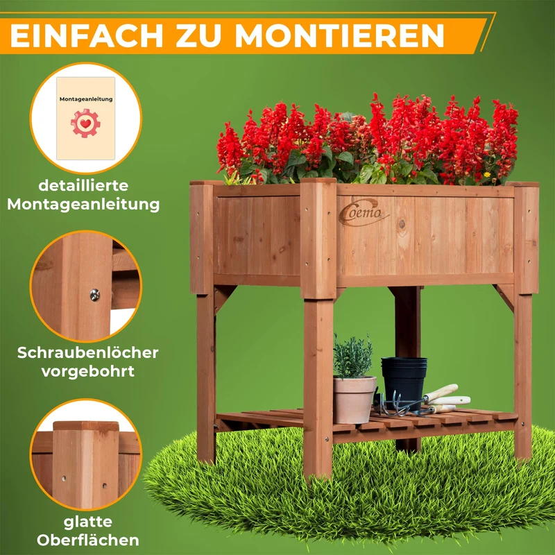 Coemo Hochbeet aus Holz 120 × 60 × 90 cm mit Ablageboden