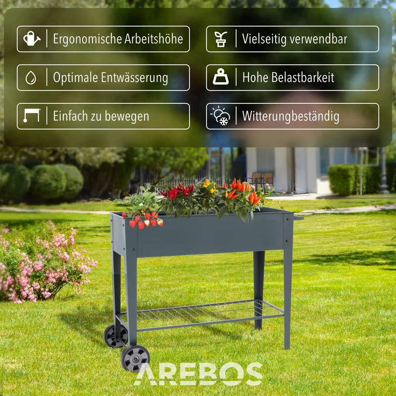 Arebos Hochbeet mit Rädern und Ablage, Metall, 108 x 51 x 80 cm