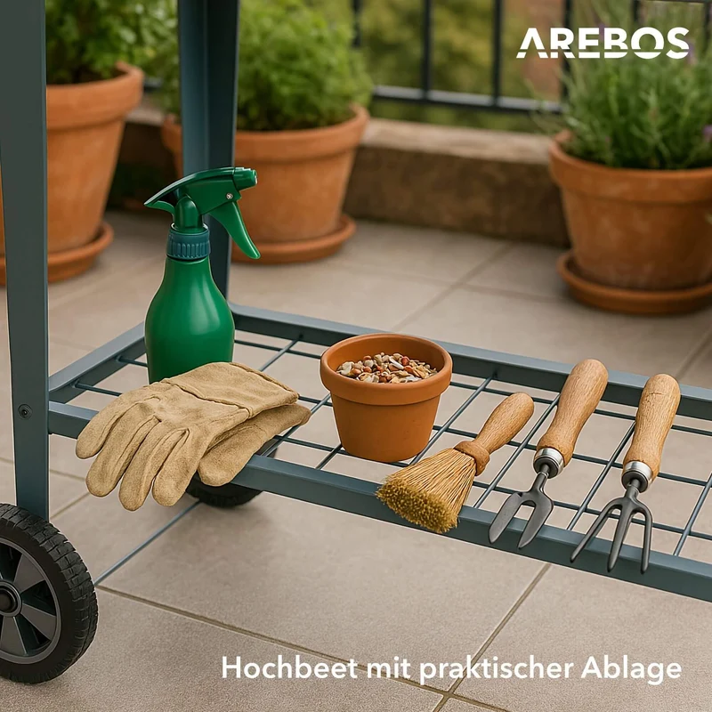 Arebos Hochbeet mit Rädern und Ablage, Metall, 108 x 51 x 80 cm