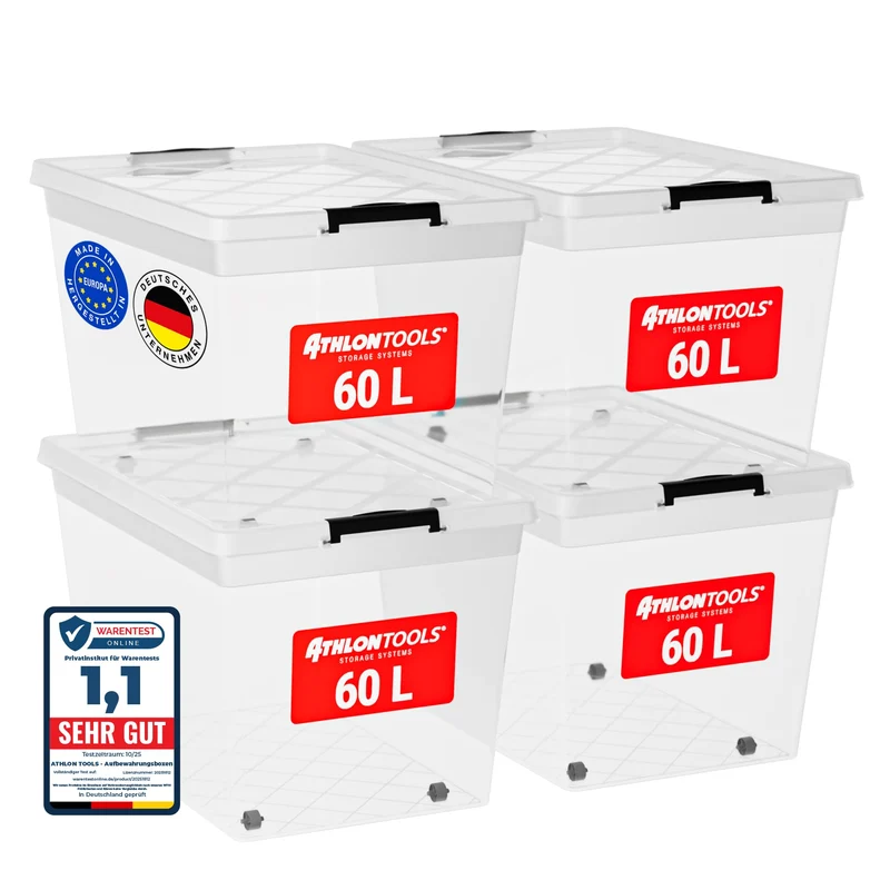 ATHLON TOOLS Aufbewahrungsboxen 60 L mit Deckel, 4er-Set, transparent