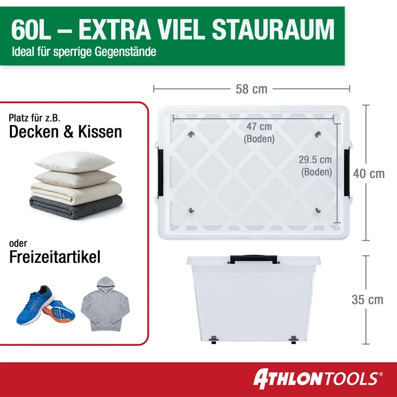 ATHLON TOOLS Aufbewahrungsboxen 60 L mit Deckel, 4er-Set, transparent