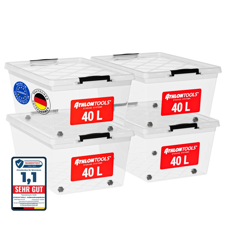 ATHLON TOOLS Aufbewahrungsboxen 40 L mit Deckel, transparent, 4er-Set