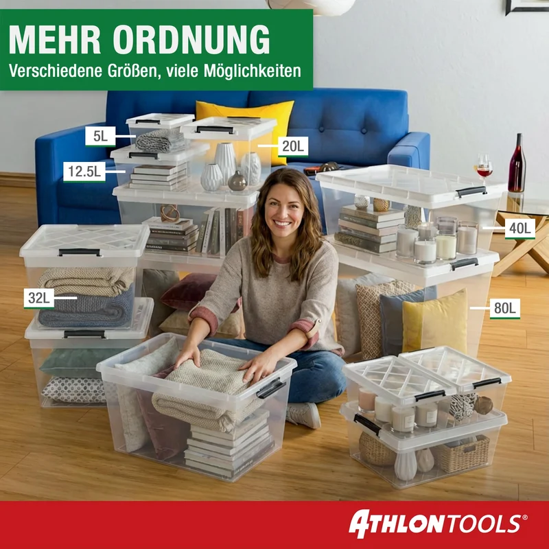 ATHLON TOOLS Aufbewahrungsboxen 40 L mit Deckel, transparent, 4er-Set