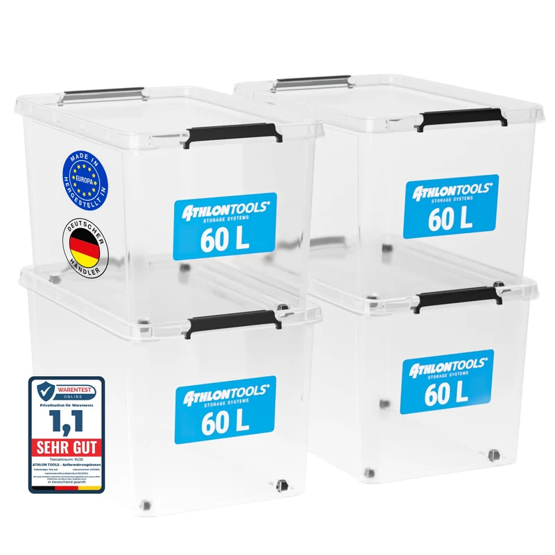 ATHLON TOOLS Aufbewahrungsboxen mit Deckel 60 l 4er-Set transparent