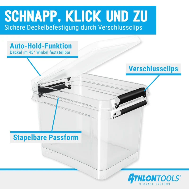 ATHLON TOOLS Aufbewahrungsboxen mit Deckel 60 l 4er-Set transparent