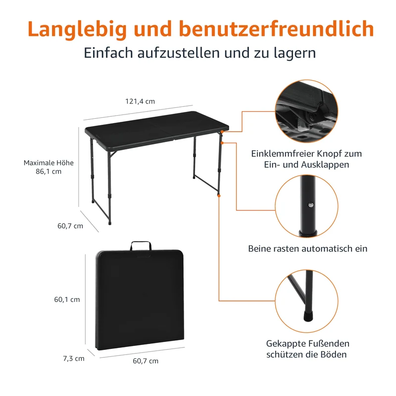 Amazon Basics Klapptisch, 4-fach höhenverstellbar, Tragegriff, schwarz