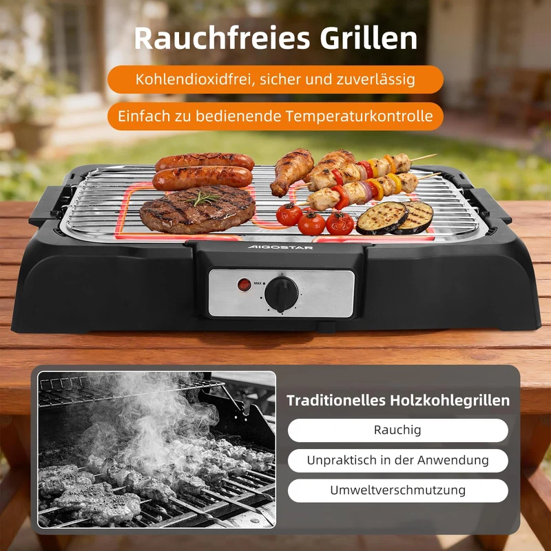 Aigostar Tischgrill Elektrogrill 2000 W rauchfrei, 984 cm², schwarz